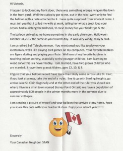 Balloon Launch 2012 - Letter from our Canadian Neighbor Stan